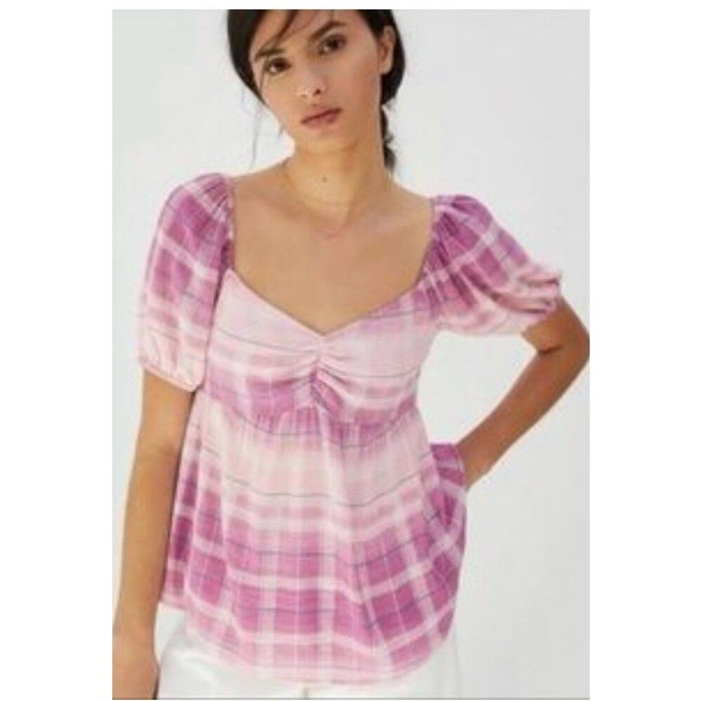 Anthropologie En Elly Plaid Ombre Crinkled Babydoll Blouse Pink Women's S